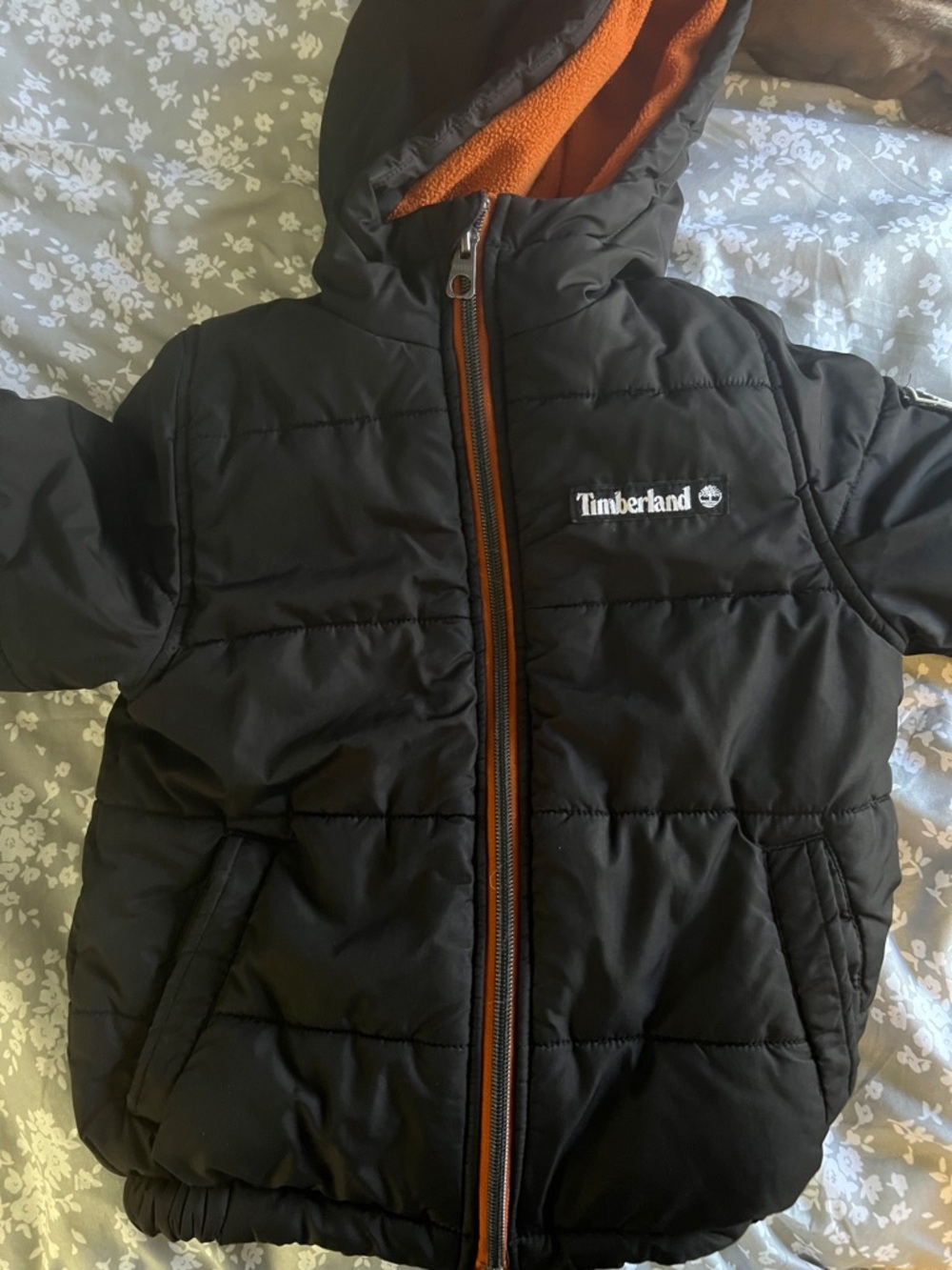 Timberland Black Puffer Jacket with Orange Lining for Kids